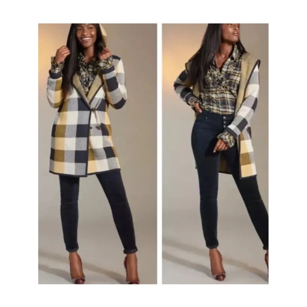 CAbi Yellow Navy Plaid Hooded Toggle Knit Sweater Coat Jacket M Preppy Academia